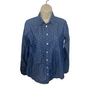 Ann Taylor LOFT Womens Small Blue Heart Print Button-Up Chambray Softened Shirt